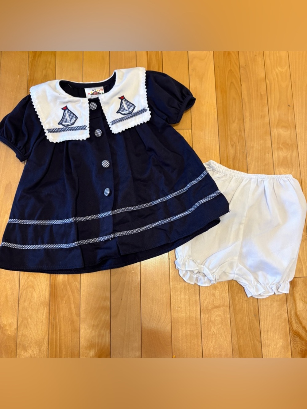 Vintage 90s Blue Nautical Baby Girl Dress Size 18m Bloomers Collar Sailor Summer